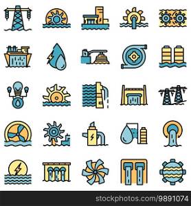 Hydro power icons set. Outline set of hydro power vector icons thin line color flat on white. Hydro power icons set vector flat