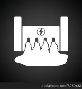 Hydro power station icon. Black background with white. Vector illustration.
