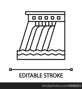 Hydroelectric dam linear icon. Water energy plant. Thin line illustration. Hydropower. Hydroelectricity. Contour symbol. Vector isolated outline drawing. Editable stroke. Hydroelectric dam linear icon