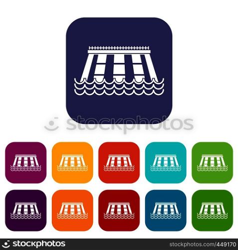 Hydroelectric power station icons set vector illustration in flat style In colors red, blue, green and other. Hydroelectric power station icons set flat