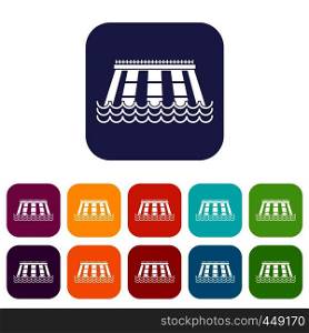 Hydroelectric power station icons set vector illustration in flat style In colors red, blue, green and other. Hydroelectric power station icons set flat