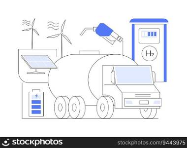 Hydrogen fuel abstract concept vector illustration. Truck charging with hydrogen fuel, ecological environment, sustainable energy, eco-friendly filling station service abstract metaphor.. Hydrogen fuel abstract concept vector illustration.