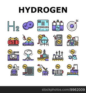 Hydrogen Industry Collection Icons Set Vector. Hydrogen Eco Energy Industrial Plant And Manufacturing Factory, Cylinders And Tank Concept Linear Pictograms. Contour Color Illustrations. Hydrogen Industry Collection Icons Set Vector