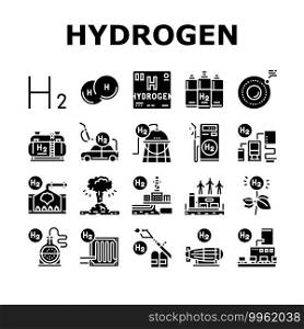 Hydrogen Industry Collection Icons Set Vector. Hydrogen Eco Energy Industrial Plant And Manufacturing Factory, Cylinders And Tank Glyph Pictograms Black Illustrations. Hydrogen Industry Collection Icons Set Vector
