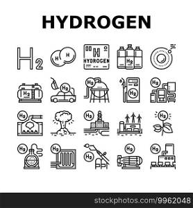 Hydrogen Industry Collection Icons Set Vector. Hydrogen Eco Energy Industrial Plant And Manufacturing Factory, Cylinders And Tank Black Contour Illustrations. Hydrogen Industry Collection Icons Set Vector