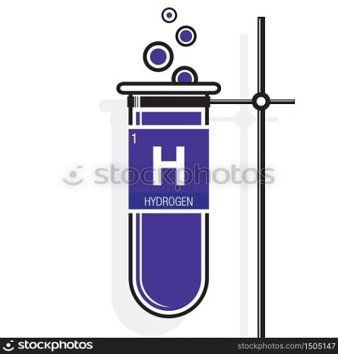 Hydrogen symbol on label in a violet test tube with holder. Element number 1 of the Periodic Table of the Elements - Chemistry