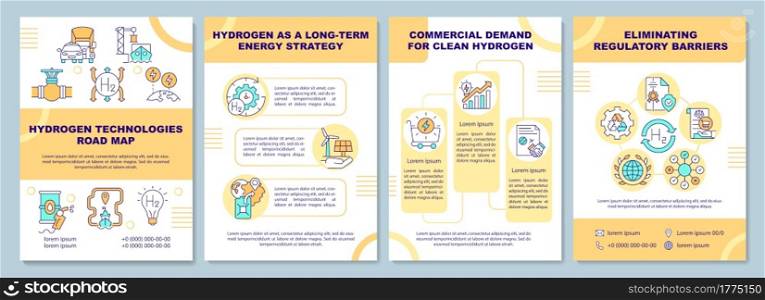 Hydrogen technologies road map brochure template. Energy strategy. Flyer, booklet, leaflet print, cover design with linear icons. Vector layouts for presentation, annual reports, advertisement pages. Hydrogen technologies road map brochure template