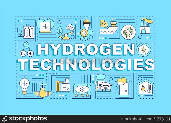 Hydrogen technologies word concepts banner. Revolutionary energy source. Infographics with linear icons on blue background. Isolated creative typography. Vector outline color illustration with text. Hydrogen technologies word concepts banner