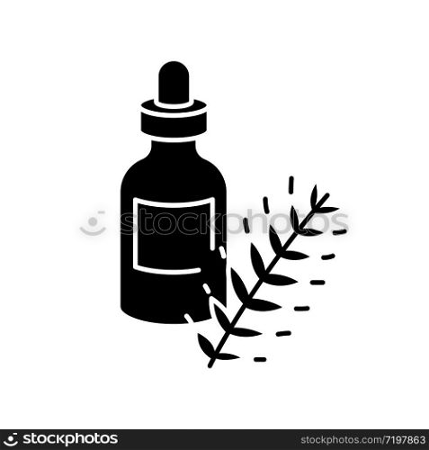 Hydrolyzed wheat protein black glyph icon. Herbal extract in container with droplet. Natural cosmetic product for hair treatment. Silhouette symbol on white space. Vector isolated illustration