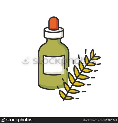 Hydrolyzed wheat protein RGB color icon. Organic moisture in bottle with drip. Herbal extract in container with droplet. Natural cosmetic product for hair treatment. Isolated vector illustration. Hydrolyzed wheat protein RGB color icon. Organic moisture in bottle with drip. Herbal extract in container with droplet. Natural cosmetic product for hair treatment. Isolated vector illustration.