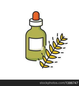 Hydrolyzed wheat protein RGB color icon. Organic moisture in bottle with drip. Herbal extract in container with droplet. Natural cosmetic product for hair treatment. Isolated vector illustration. Hydrolyzed wheat protein RGB color icon. Organic moisture in bottle with drip. Herbal extract in container with droplet. Natural cosmetic product for hair treatment. Isolated vector illustration.