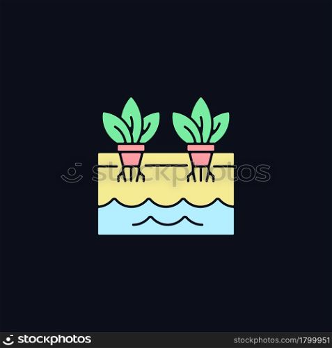 Hydroponics RGB color icon for dark theme. Grow plants without soil. Use nutrients for plants. Isolated vector illustration on night mode background. Simple filled line drawing on black. Hydroponics RGB color icon for dark theme