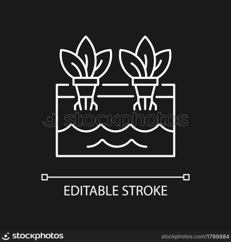 Hydroponics white linear icon for dark theme. Grow plants without soil. Use nutrients for plants. Thin line customizable illustration. Isolated vector contour symbol for night mode. Editable stroke. Hydroponics white linear icon for dark theme