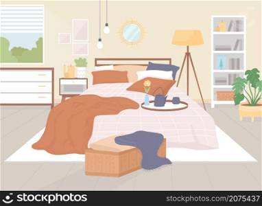 Hygge at home flat color vector illustration. Comfortable bedroom with blankets for relaxing lounge. Tea set and blanket on bed. Nordic style 2D cartoon interior with furnishing on background. Hygge at home flat color vector illustration