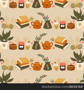 Hygge Autumn and winter pattern border design. Cute and cosy vector seamless repeat banner. Illustration of scarfs, mittens, coffee, winter woodland foliage and stars. Hygge Autumn and winter pattern border design. Cute and cosy vector seamless repeat banner. Illustration of scarfs, mittens, coffee, winter woodland foliage and stars.