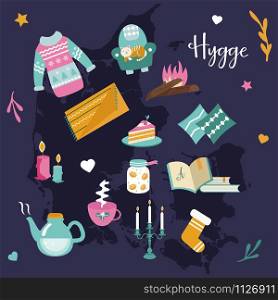 Hygge background with cozy things and elements. Danish living concept. Greeting card template.. Hygge background with cozy things and elements.