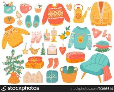 Hygge christmas. Winter knit clothes and holiday decor fir-tree, gifts. Candles, socks and mittens xmas home symbols, cartoon vector set. Christmas hygge, doodle cozy things illustration. Hygge christmas. Winter knit clothes and holiday decor fir-tree, gifts. Candles, socks and mittens xmas home symbols, cartoon vector set
