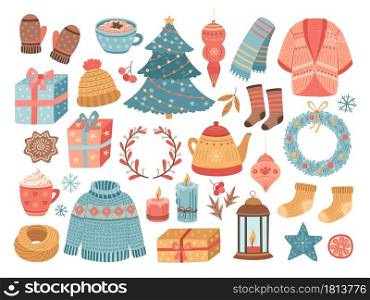 Hygge christmas. Winter season, doodle xmas tree sweets cocoa candle. Sketch comfortable home lifestyle symbols, holiday vector illustration. Winter christmas celebration element, tree and cocoa. Hygge christmas. Winter season, doodle xmas tree sweets cocoa candle. Sketch comfortable home lifestyle symbols, holiday vector illustration