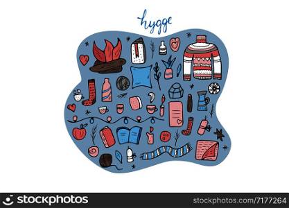 Hygge concept. Vector isolated symbols of comfort in doodle style. Set of warm clothes and cozy elements.