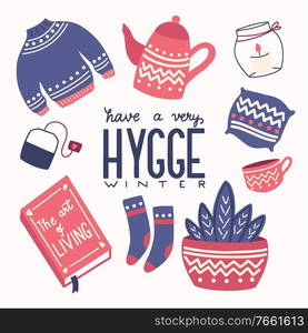 Hygge concept with colorful hand lettering and illustration design. Scandinavian folk motives. Cozy atmosphere at home. Flat vector illustration. 