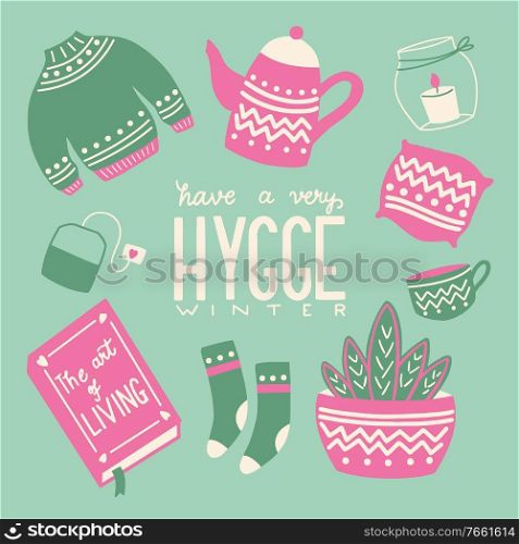 Hygge concept with colorful hand lettering and illustration design. Scandinavian folk motives. Cozy atmosphere at home. Flat vector illustration. 