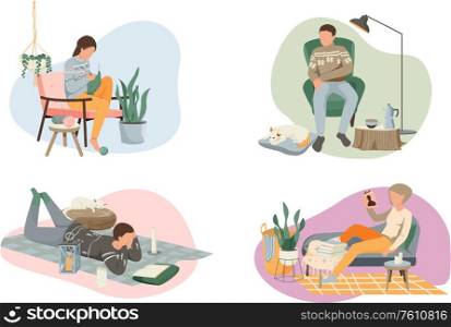 Hygge lifestyle flat 4x1 compositions set with interior elements plants and human characters during leisure activities vector illustration. Hygge Lifestyle Compositions Set