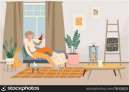 Hygge lifestyle flat background with relaxing woman and stylish interior of living room with decor furniture vector illustration. Hygge Lifestyle Flat Background
