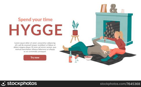 Hygge lifestyle flat background with try now button editable text and image of couple at rest vector illustration. Hygge Relax Flat Background