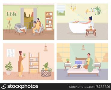 Hygge lifestyle flat color vector illustrations set. Recreation and relax at home. Cozy domestic atmosphere. Fully editable 2D simple cartoon characters collection with home interior on background. Hygge lifestyle flat color vector illustrations set