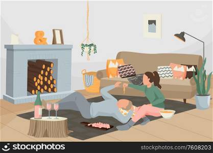 Hygge lifestyle flat composition with domestic scenery with soft furniture house plants romance and relaxing couple vector illustration. Romantic Lounge Flat Composition