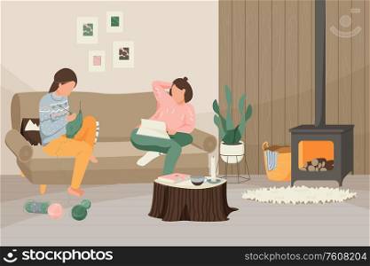 Hygge lifestyle flat composition with indoor scenery and female characters in living room environment with furniture vector illustration. Domestic Relax Flat Composition