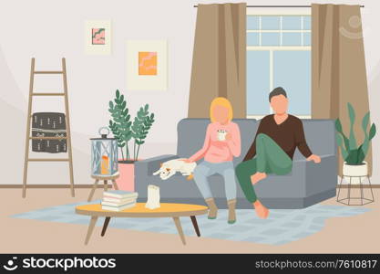 Hygge lifestyle flat composition with indoor view of living room interior with couple sitting on sofa vector illustration. Flat Hygge Lifestyle Composition