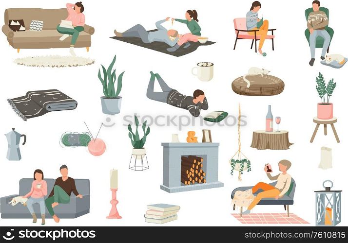 Hygge lifestyle flat icons collection with isolated human characters and icons of house plants soft furniture vector illustration. Hygge Domestic Icon Set