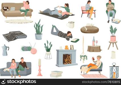 Hygge lifestyle flat icons collection with isolated human characters and icons of house plants soft furniture vector illustration. Hygge Domestic Icon Set