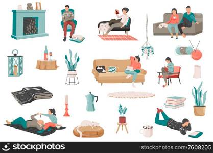 Hygge lifestyle flat recolor set with isolated icons of house plants books soft furniture and people vector illustration. Hygge Lifestyle Icons Collection