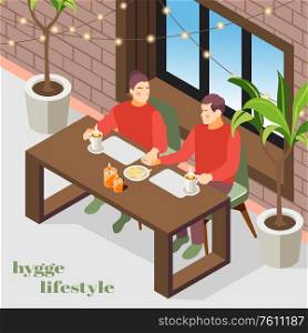 Hygge lifestyle isometric composition with danish cozy apartment interior lights plants enjoying coffee couple background vector illustration