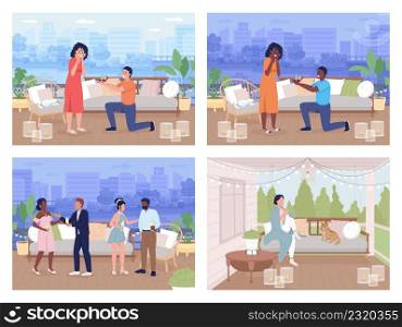 Hygge patio arrangements flat color vector illustration set. Cozy and comfortable rooftop. Happy people spending time outdoors 2D simple cartoon characters collection with cityscape on background. Hygge patio arrangements flat color vector illustration set