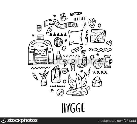 Hygge round concept. Vector isolated symbols of comfort. Set of warm clothes and cozy home things.