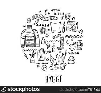 Hygge round concept. Vector isolated symbols of comfort. Set of warm clothes and cozy home things.
