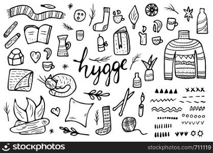 Hygge sketch concept. Vector isolated symbols of comfort in doodle style. Set of warm clothes and cozy elements black and white design.