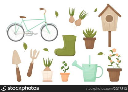 Hygge spring time gardening in Scandinavian style with tools, boots, birdhouse, bike and flowerpot isolated on white background. Textured objects in pastel trendy colors. Farming, cozy agricultural