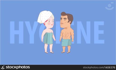 Hygiene, After shower, flat cartoon vector illustration, man and woman wrapped into the towels standing next to each other, with title Hygiene on the blue background. A part of Dodo people collection. After shower, hygiene, Dodo People collection