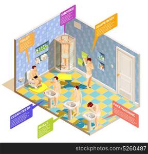 Hygiene Bathroom Isometric Infographics. Hygiene isometric composition with bathing room interior and male characters washing face shaving and cleaning teeth vector illustration