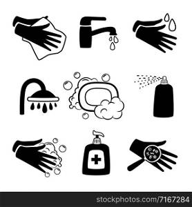 Hygiene black icons. Antiseptic cream and hands washing, antibacterial soap and personal towel silhouette icon set on white. Hygiene black icons. Antiseptic cream and hands washing, antibacterial soap and personal towel silhouette icon set