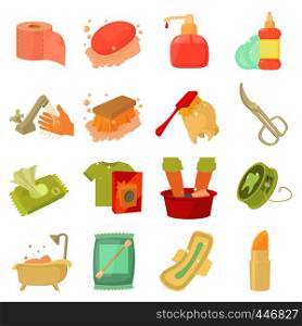 Hygiene cleaning icons set. Flat illustration of 16 hygiene cleaning vector icons for web. Hygiene cleaning icons set, cartoon style
