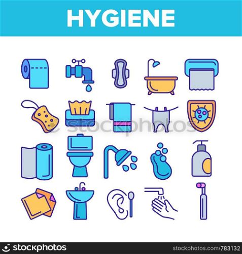 Hygiene, Cleaning Thin Line Icons Vector Set. Sanitary, Personal Hygiene Linear Illustrations. Bathroom, Toilet Items. Washing Hands, Shower, Hygienic Procedures. Body Care Products Outline Symbols. Hygiene, Cleaning Thin Line Icons Vector Set