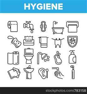 Hygiene, Cleaning Thin Line Icons Vector Set. Sanitary, Personal Hygiene Linear Illustrations. Bathroom, Toilet Items. Washing Hands, Shower, Hygienic Procedures. Body Care Products Outline Symbols. Hygiene, Cleaning Thin Line Icons Vector Set