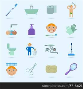 Hygiene cleaning washing bathroom icons set with male figure isolated vector illustration