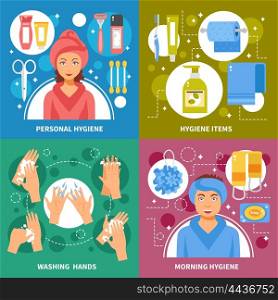 Hygiene Concept 4 Flat Icons Square . Personal morning hygiene items and hands washing steps 4 flat icons square banner abstract isolated vector illustration