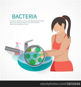 Hygiene concept with woman washing hands and bacteria icons flat vector illustration. Hygiene Concept Flat